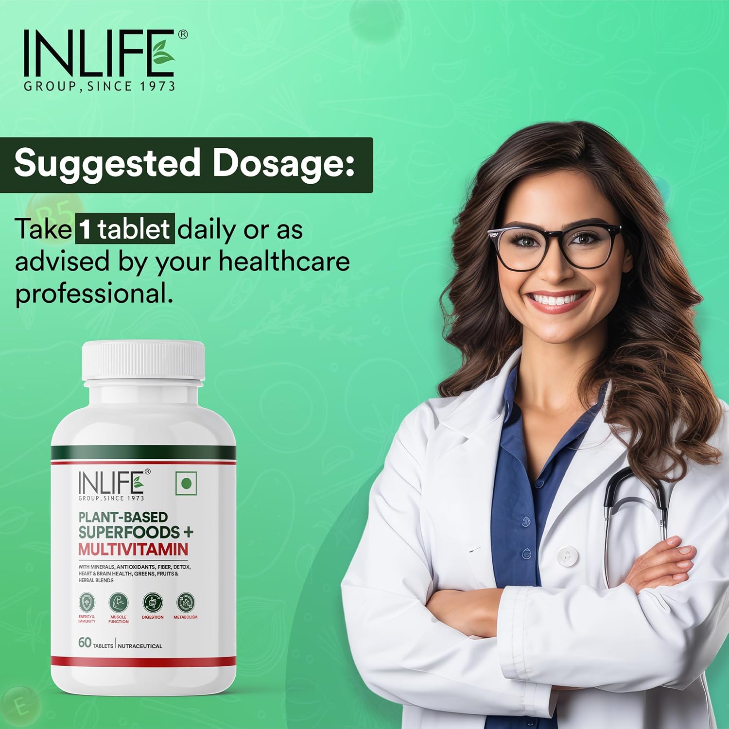 Inlife Plant Based Multivitamin For Men & Women , 75+ Ingredients With Vitamins B12, D3, Superfoods, Greens, Vegetables, Fruits & Herbs For Immuntiy | 60 Tablets , 100gm 0.2lbs