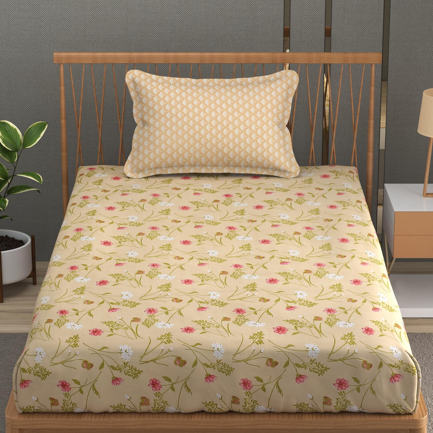 Soft Cotton Single Size Bedsheet With 1 Pillow Cover | 60 X 90 Inches, Beige | Anti-Fade Printed Design | 200 Thread Count