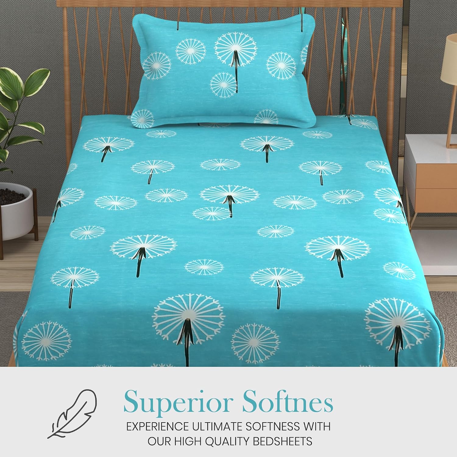 Soft Cotton Single Size Bedsheet With 1 Pillow Cover | 60 X 90 Inches, Sky Blue | Anti-Fade Printed Design | 200 Thread Count