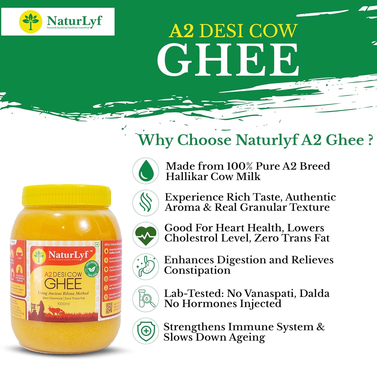 Natural A2 Desi Cow Ghee By Naturlyf | Churning With Bilona Method Indian Breed Cow Milk Desi Ghee For Everyday Dishes | (500ml) 16.9 Ounce | Jar Pack