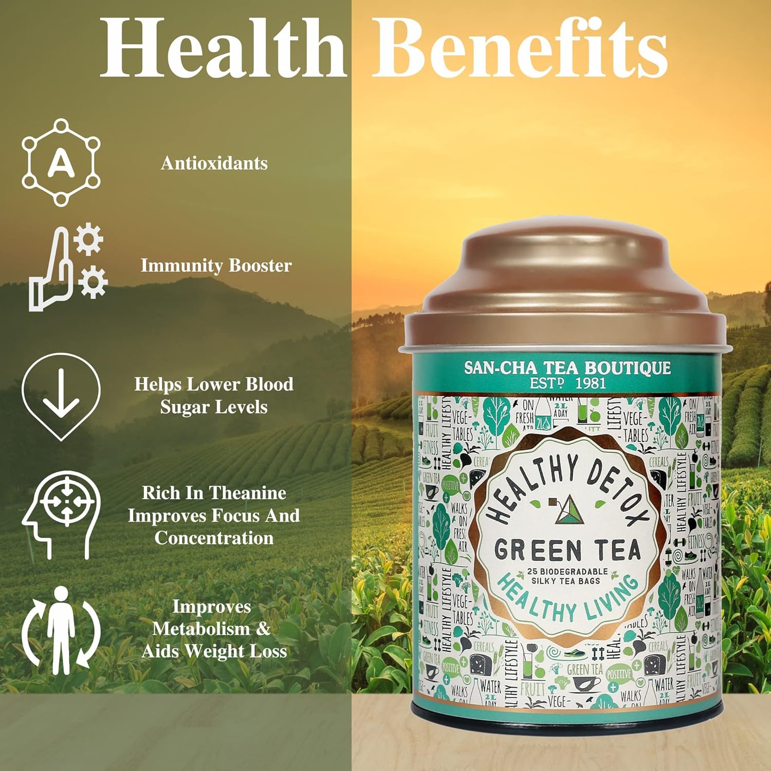 San-Cha Healthy Detox Green Tea - 100gm, 3.5 Ounce | Fresh & Vegetal Detox Tea - Environment Friendly & Made In Corn Fiber | Low Caffeine