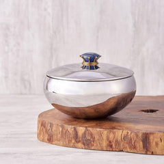 Silver Stainless Steel Bowl With Lid - Medium, Royal Lapiz Series | Storing & Serving Bowl - Lapis Lazuli Stone Lid | Serve Ware, Dinnerware & Tableware
