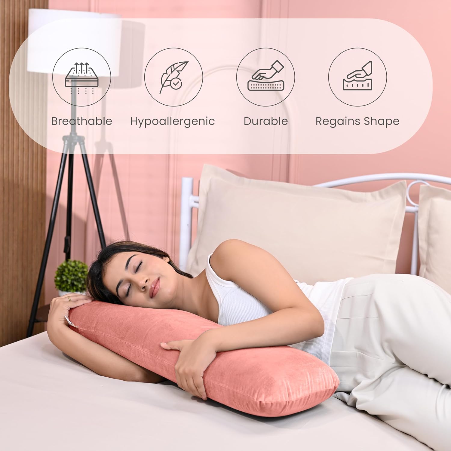 Memory Foam Half Body Pillow, For Sleeping & Hugging, Pregnancy, Peach - 30 X 10 X 5 Inches | Long Cuddle Pillow Suitable For Side Sleepers & Back Support | Velvet Cover, Bed Pillow