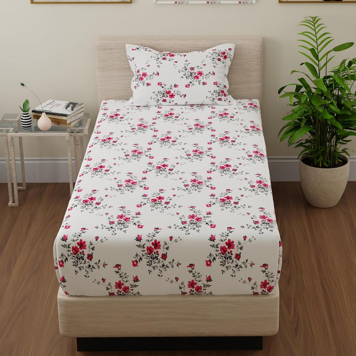 Print Single Size Bedsheet With 2 Pillow Cover - 55 X 88 Inches, White & Pink | Soft & Comfortable Feel To Your Skin | Machine Wash In Cold Water