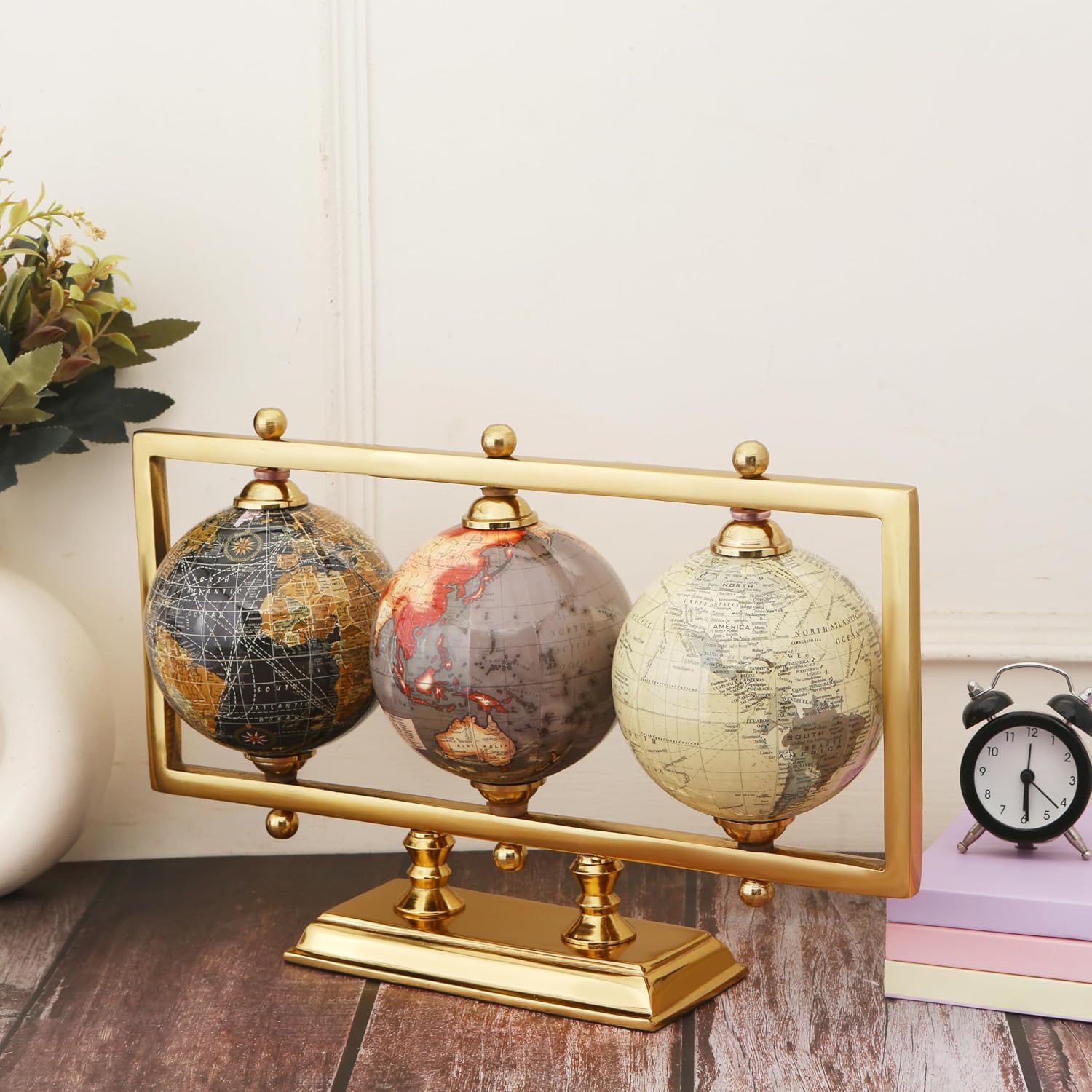 Globe For Office Table Rotating World Map For Kids Room Office Decor, 4 - Inch Diameter Globes With Black Metal Stand For Study Table (Gold Rectangle Frame) Pack Of 1