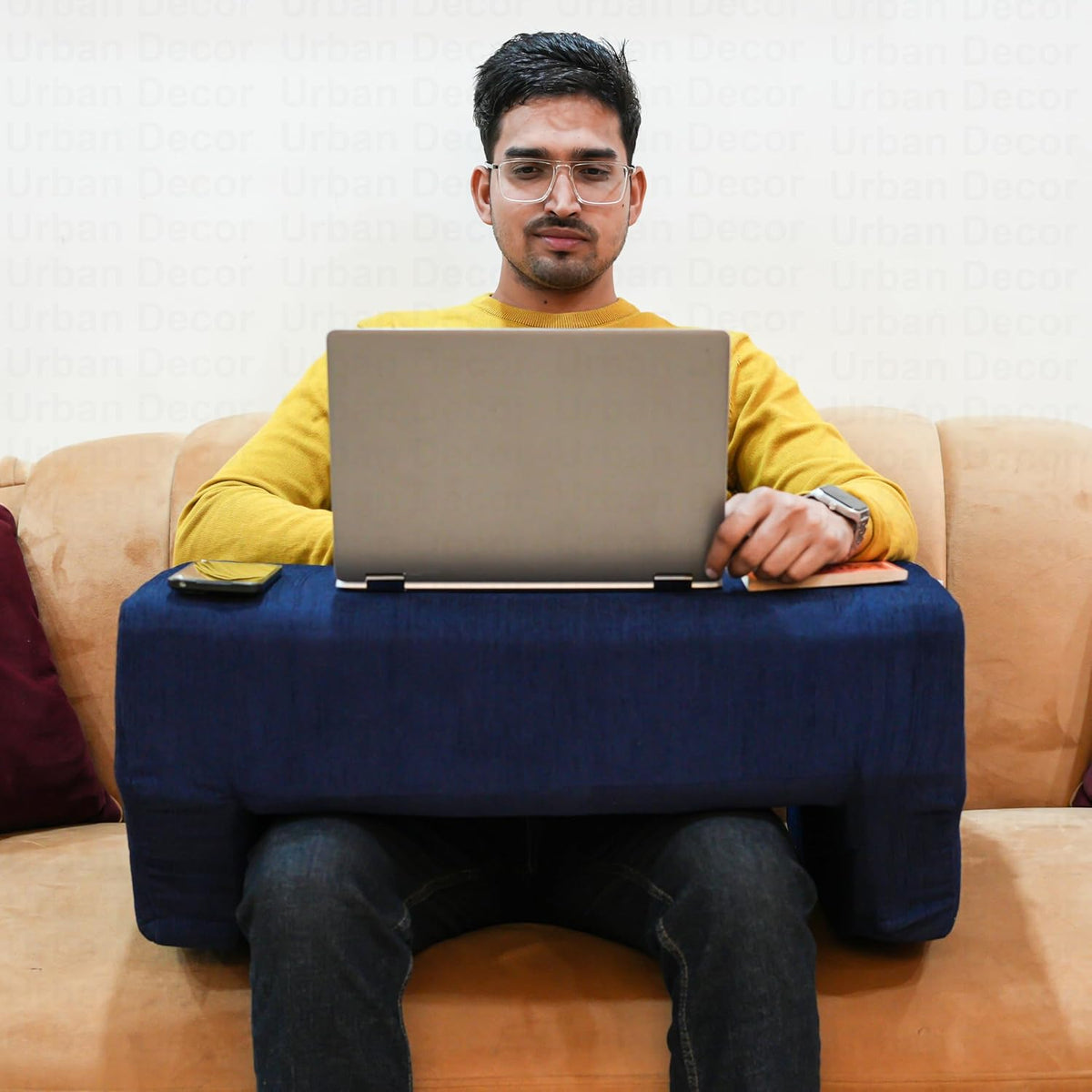 Lap Desk Pillow, Portable Computer Table & Laptop Lap Desk For Sofa, Blue | Ergonomic Gaming Desk Table With Arm Rest | Work Desk Accessories For Reading, Neck Support, Washable Cover