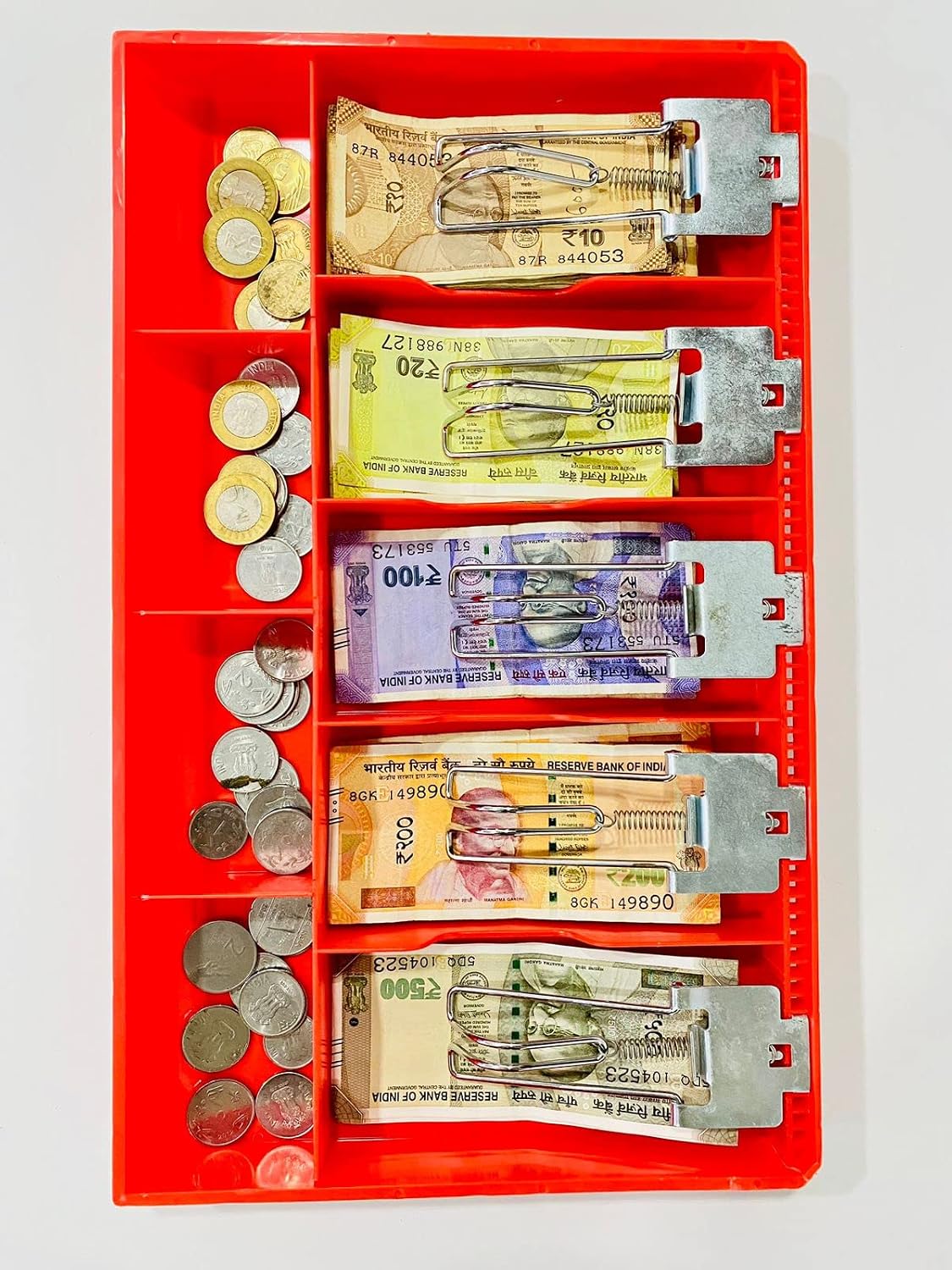 Abs Cash Drawer, 5 Cash & 4 Coin Compartment, Cashier Storage Safe Box, Metal Clip, 40.5 X 24.5x 3.5 Cm, Colour - Red, Material
