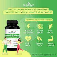 Nutrazee Multivitazee Multivitamin & Minerals Supplement For Men & Women With Superfood Natural Fruit, Vegetable & Herbal Greens | 60 Vegan Tablets , 100gm 0.2lbs