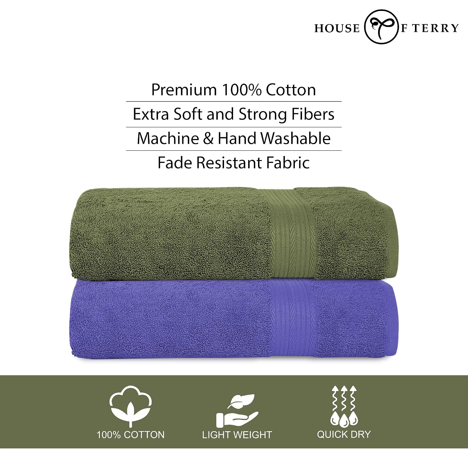 House Of Terry 100% Cotton Bath Towel 1000 Gsm | Quick Dry, Soft & Absorbent, Fade-Resistant, Skin-Friendly Large Size Towel (Olive Green & Lilac) - Pack Of 2