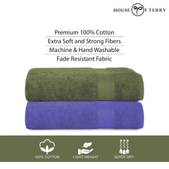 House Of Terry 100% Cotton Bath Towel 1000 Gsm | Quick Dry, Soft & Absorbent, Fade-Resistant, Skin-Friendly Large Size Towel (Olive Green & Lilac) - Pack Of 2
