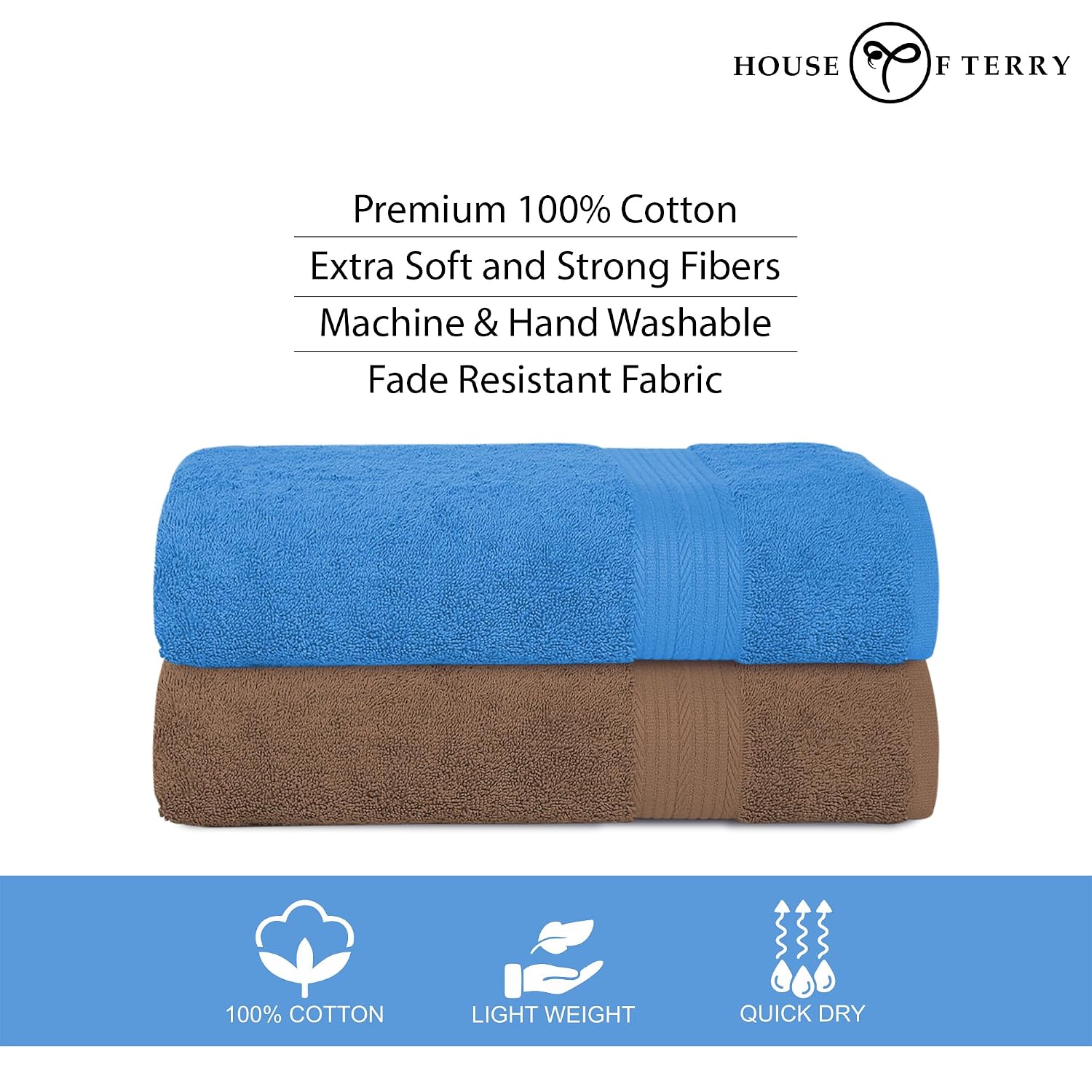 House Of Terry 100% Cotton Bath Towel 1000 Gsm | Quick Dry, Soft & Absorbent, Fade-Resistant, Skin-Friendly Large Size Towel (Brown & Blue) - Pack Of 2