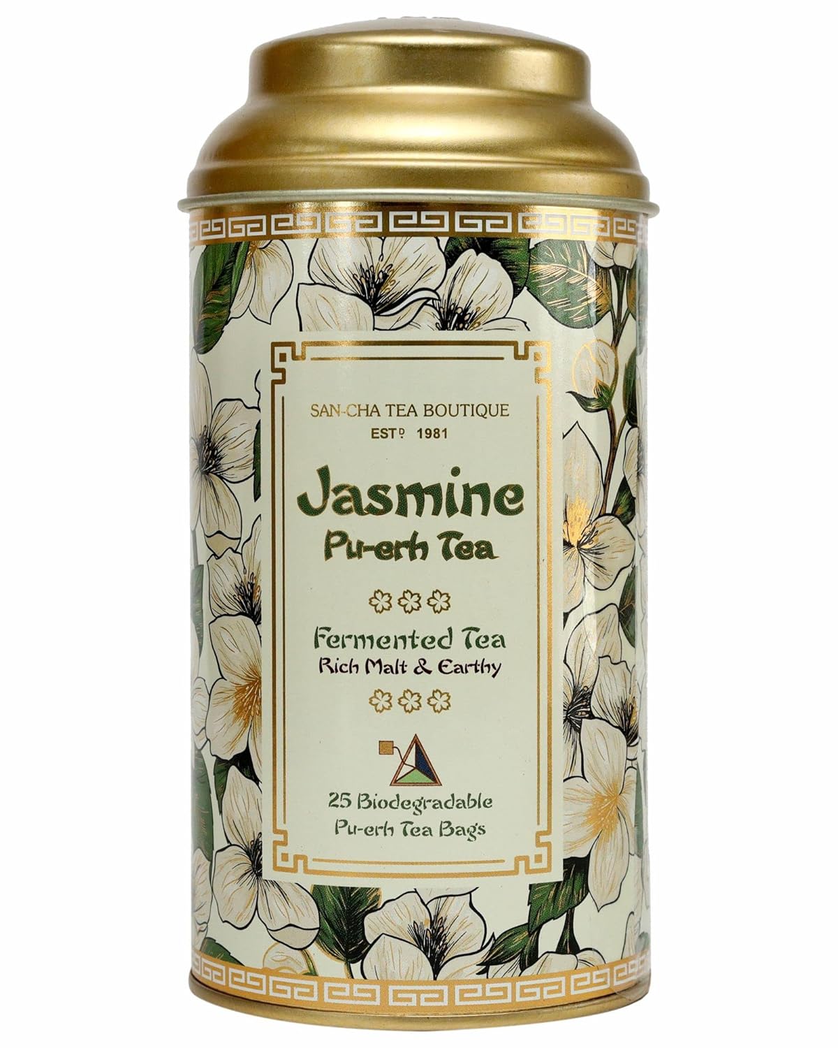 San-Cha Jasmine Pu-Erh Tea - 25 Biodegradable Tea Bags | Rich Malt & Earthy Notes - Environment Friendly & Made In Corn Fiber | Low Caffeine