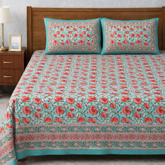 Hand Printed Double Bedsheet For King Size With 2 Pillow Covers | 90 X 108 Inches, Turquoise & Pink | Ultra-Soft & Skin-Safe | Breathable Summer Comfort