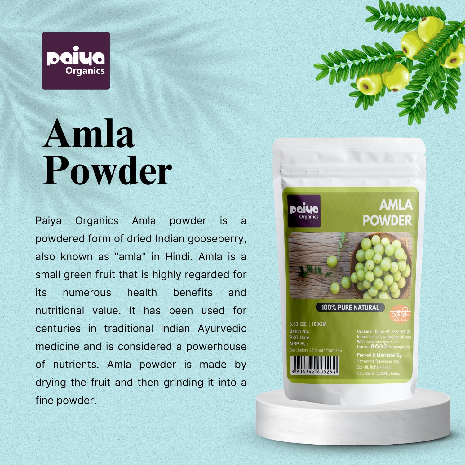 Paiya Organics 100% Pure Natural Amla Powder, Indian Gooseberry, Great For Hair Conditioning & Hair Coloring Mixture, Natural Vitamin C & Antioxidants | 100gm 0.2lbs