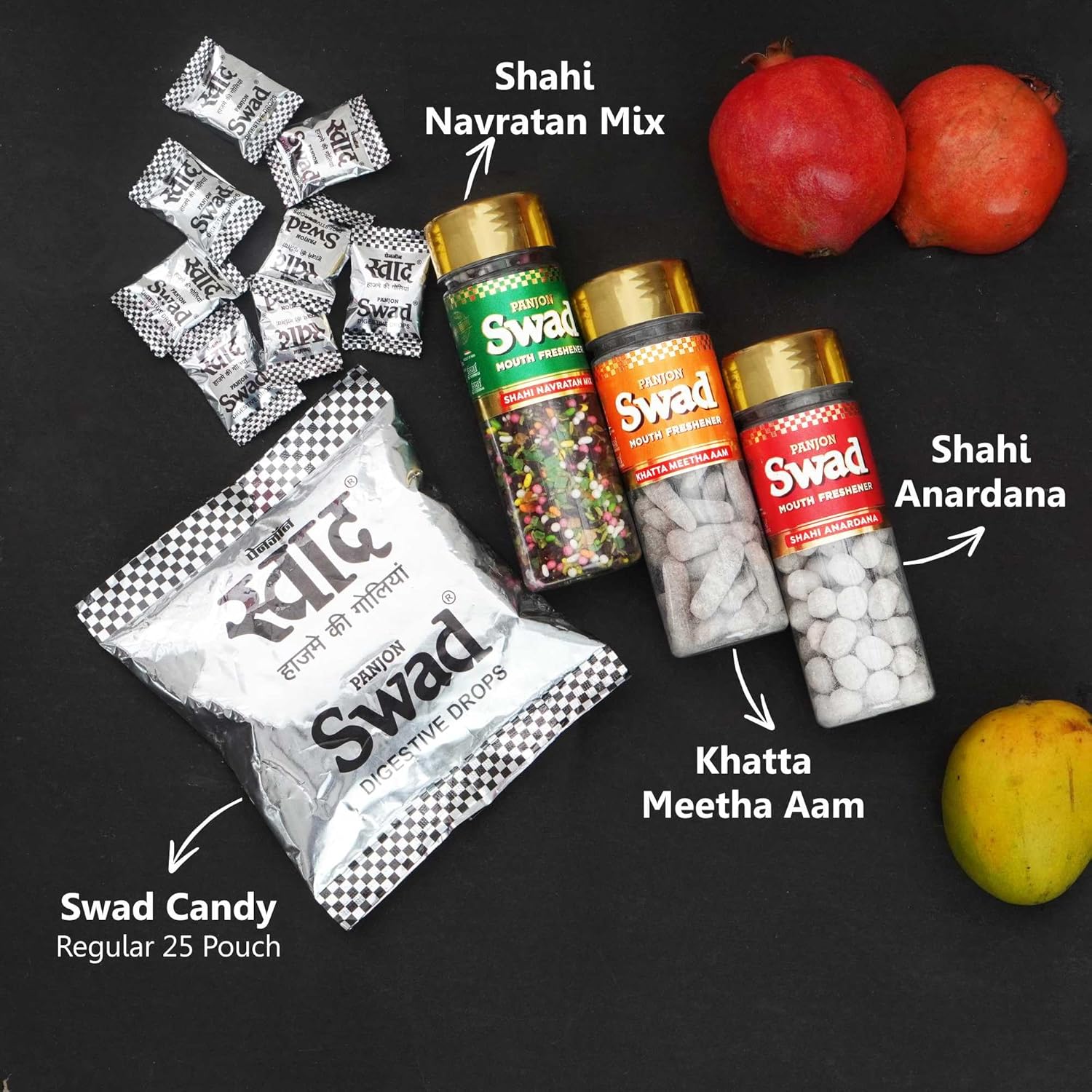 Panjon Swad Digestive Candy 25 Packet Combo | Shahi Anardana Khatta Meetha Aam & Shahi Navratan Mix 450gm, Pack Of 4