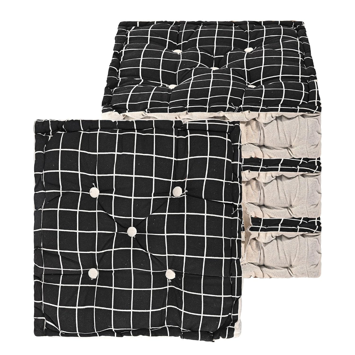 Soft & Comfortable Cotton Chair Cushion Pillow For Sitting, Check Print - Black | Pillow For Office Work & Posture Support | Sitting Cushion & Back Rest For Chair | Pain Relief - Pack Of 4