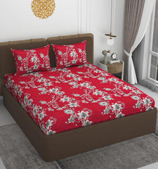 1 Double Bedsheet With 2 Pillow Covers Size 60 X 78 X 8 Inches, Red | Cotton Feel All Around Elastic Fitted - Queen Size Bedsheets, Super Soft 320 TC