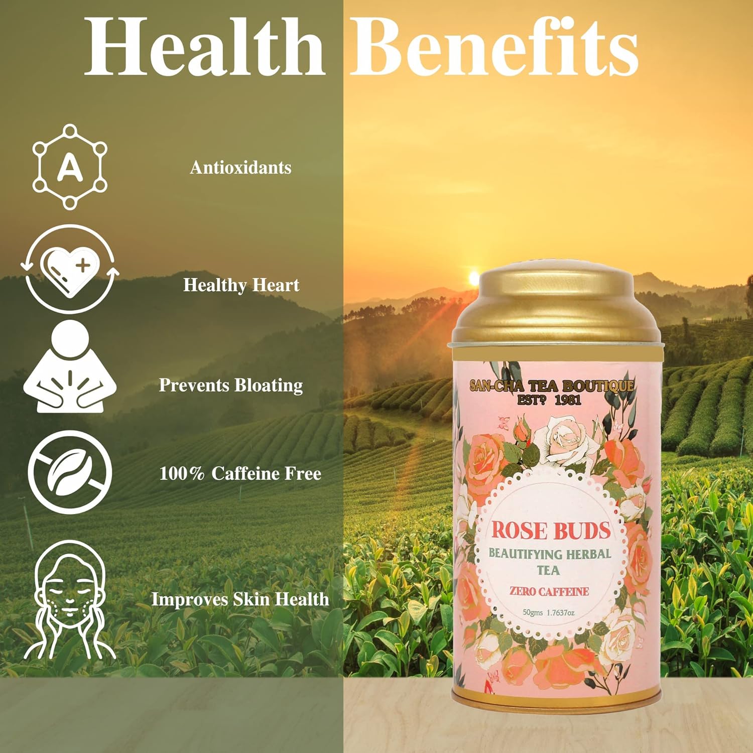 San-Cha Rose Buds Beautifying Herbal Tea - 50gm, 1.7 Ounce | Improves Skin Health, Rich In Vitamin C - Zero Caffeine