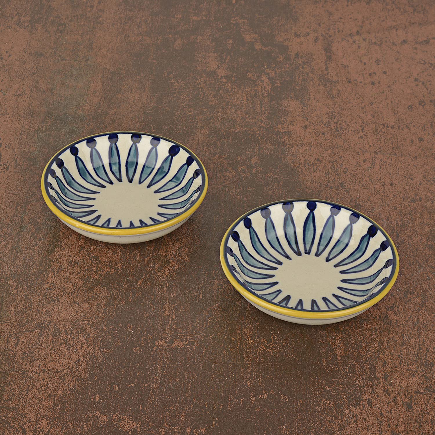 Hand Painted Ceramic Dip Bowls Set Of 2 - White & Blue, 50ml Each | Chutney Bowls, Ketchup Bowls - Pickle Serving Set - Kyoto Collection