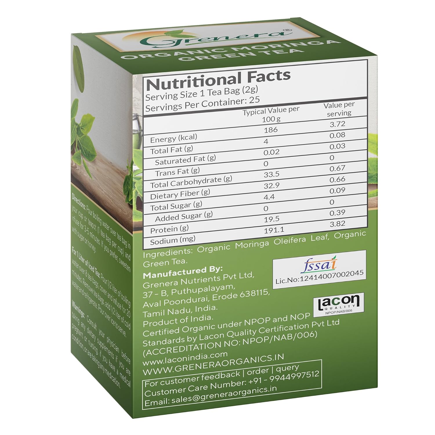 Grenera Moringa Herbal Infusion Tea - 20 Tea Bags | Herbal Dietary Supplement - Caffeine Free, Non-GMO, Gluten Free, Staple Free