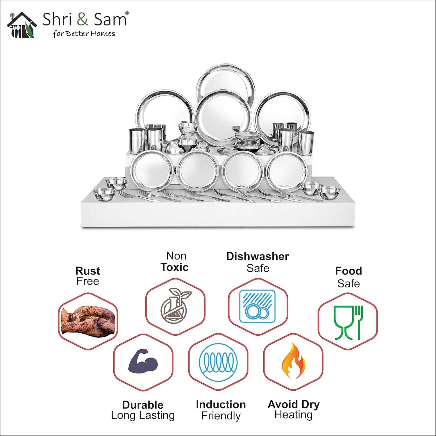 Stainless Steel Delight Solid Dinner Set Of 28 Pieces, Silver | 4 Dinner Plates+ 4 Glasses+ 8 Bowls+ 4 Pudding Bowls+ 4 Dessert Spoons+ 4 Dessert Fork - Easy To Clean & Dishwasher-Safe