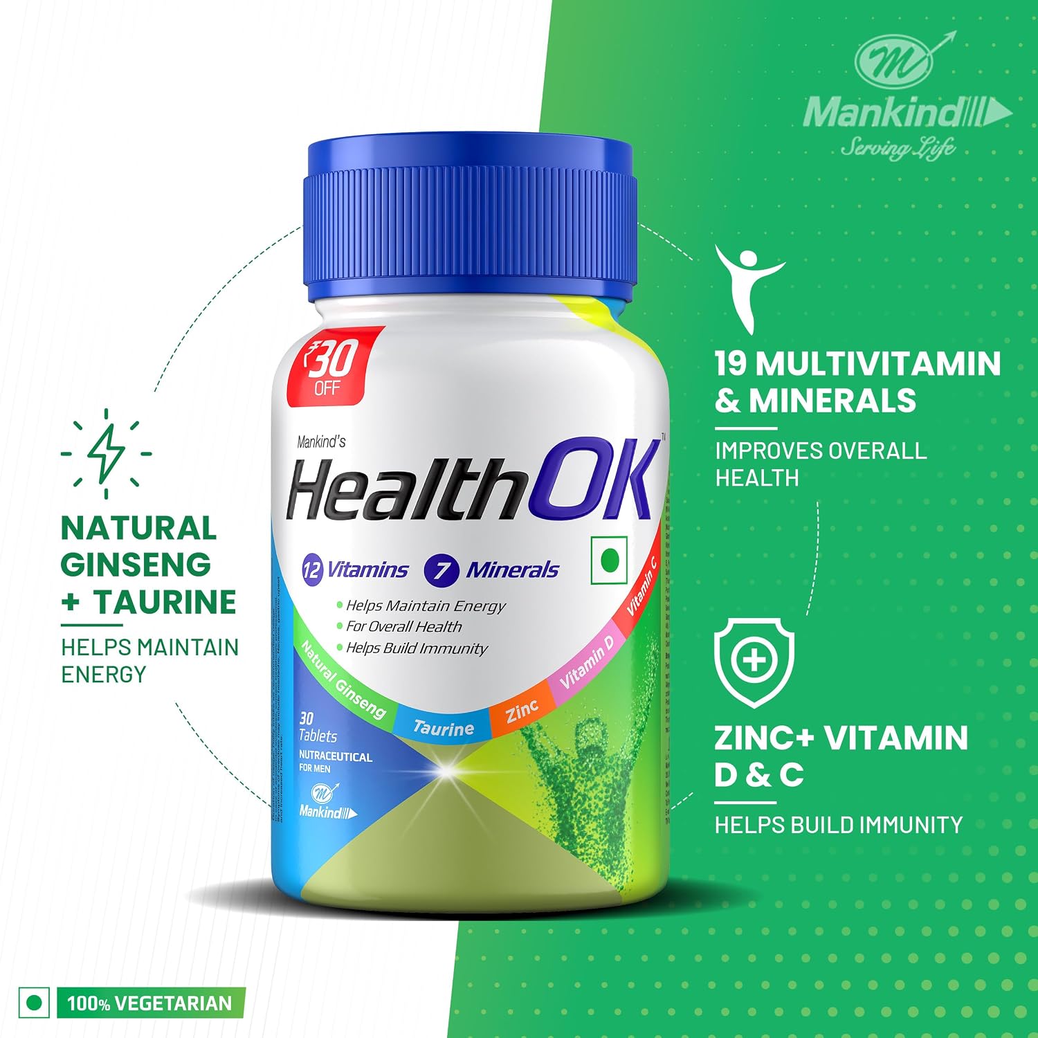 Mankind's Health Ok Multivitamin With Natural Ginseng & Taurine Power Lemon Flavour , 100% Vegetarian | 30 Tablets 50gm 0.2lbs , Each Pack Of 2