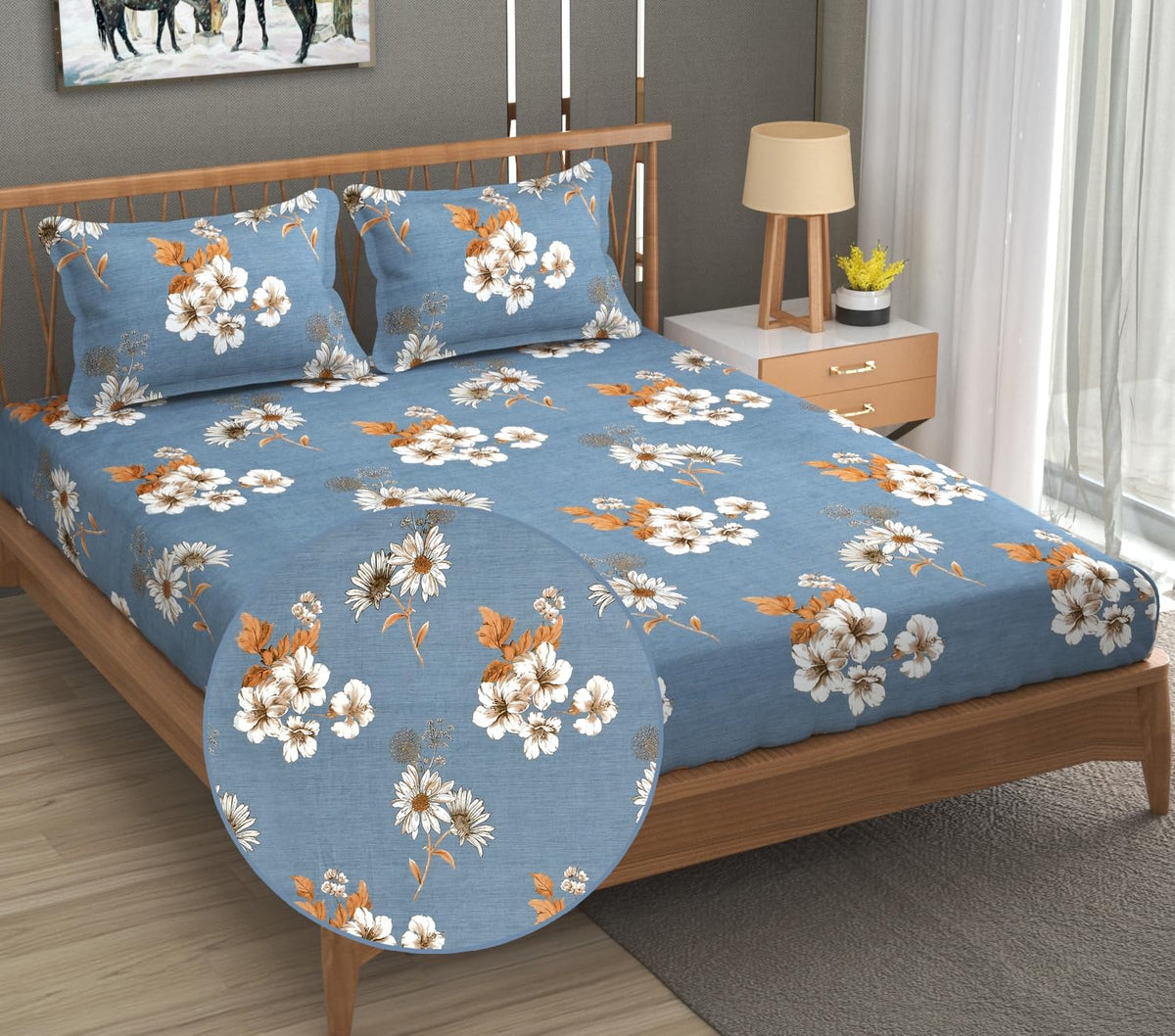 1 Elastic Fitted Bedsheet For King Size & 2 Pillow Covers - 78 X 72 Inches, Grey & Mustard | Elegant Floral Print Design & Skin-Friendly