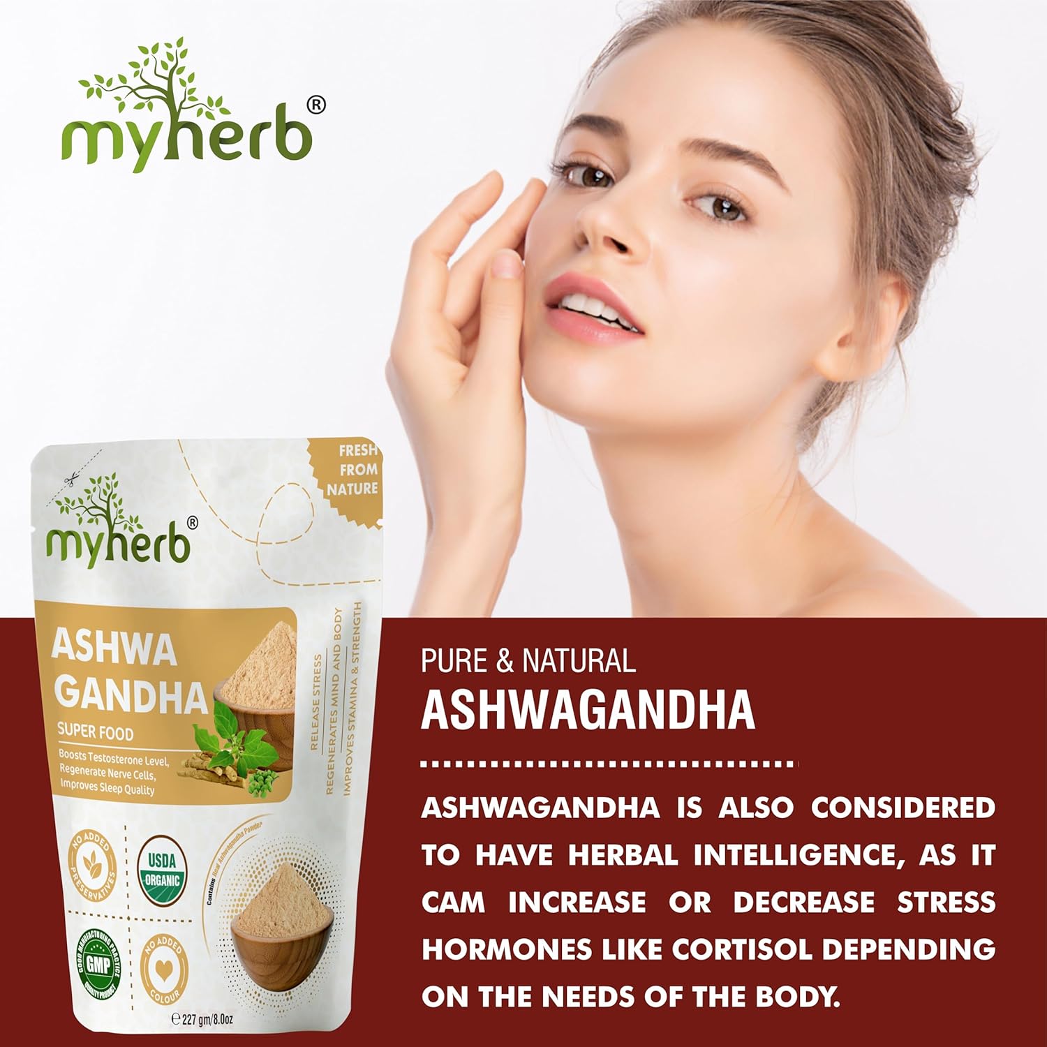 Myherb 100% Pure Natural Organic Ashwagandha Powder Withania Somnifera Ayurvedic Formula Support For Stress - Free Living | For Men & Women 227gm 0.5lbs