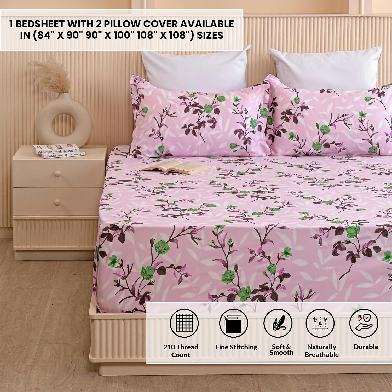 Lavender & Pink King Size Bedsheet With 2 Pillow Covers - 108 X 108 Inches | Luxurious Printed Flat Sheets | Perfect For Home Decor & Gifting