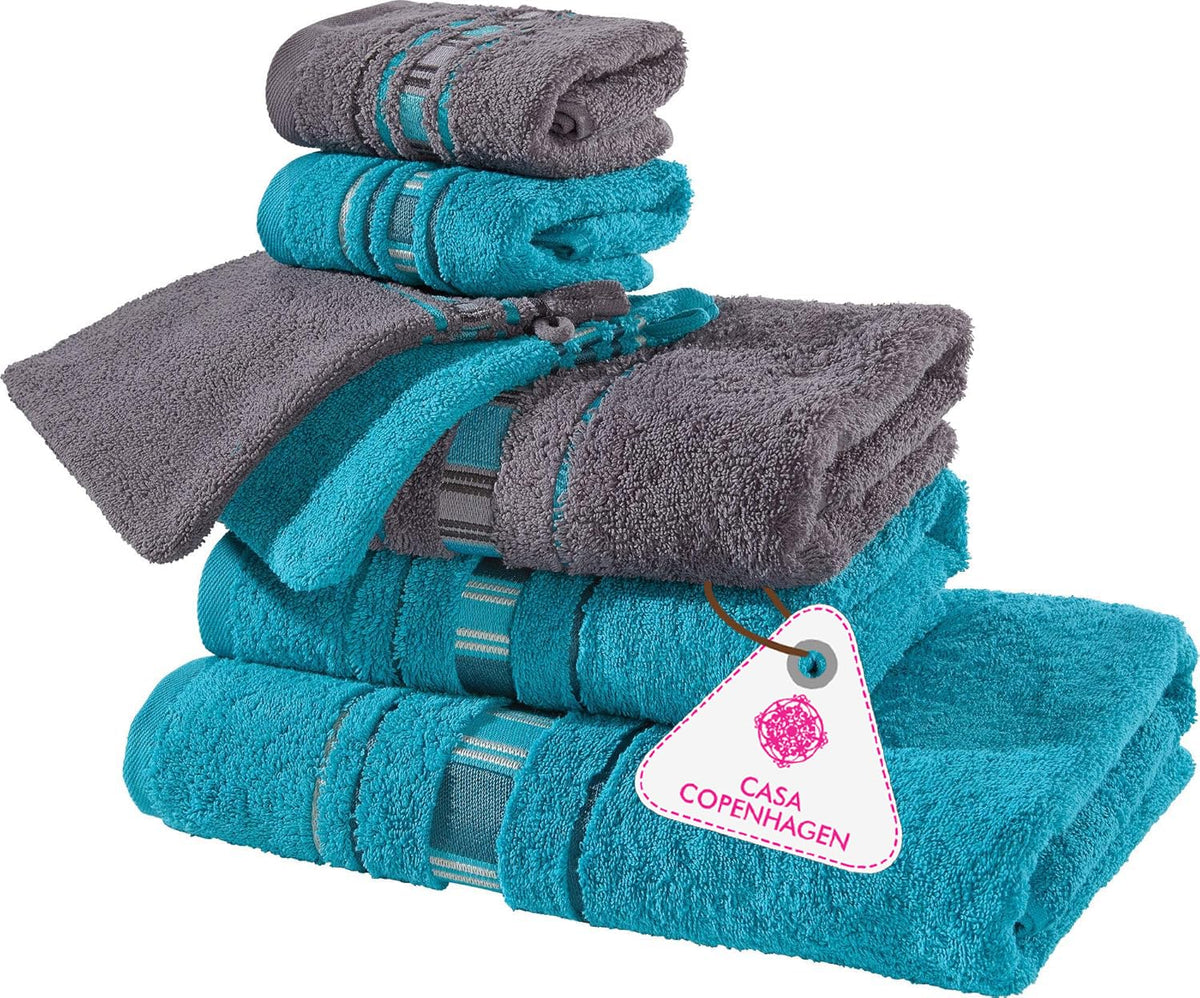 Casa Copenhagen Egyptian Design 2 Bath + 2 Hand & 2 Face Towels 1800 Gsm | He & She X Line Collection 100% Cotton 6 Piece Towel Set - Grey & Teal