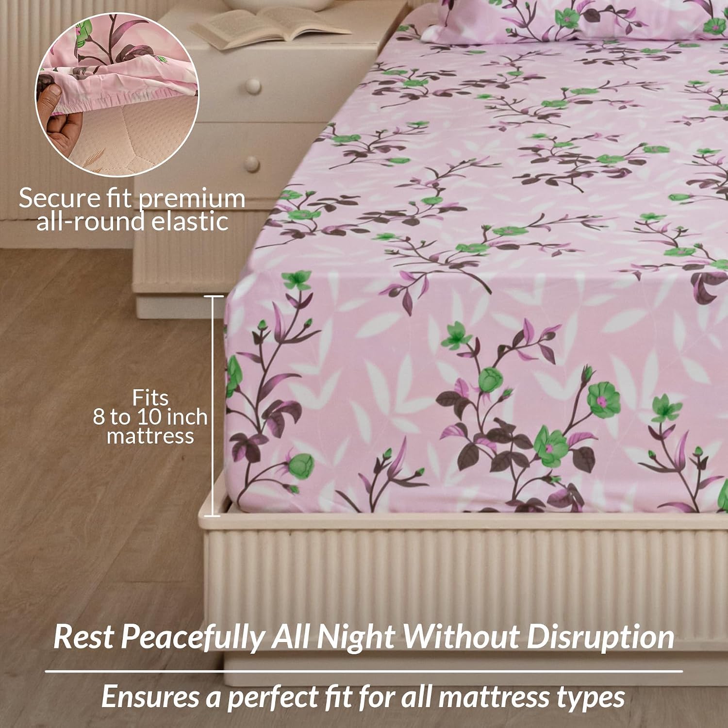 Premium Cotton 210 TC Queen Size Bedsheet With 2 Pillow Cover - 78 X 78 Inches, Lavender & Pink | All Around Elastic Fitted | Super Soft & Breathable