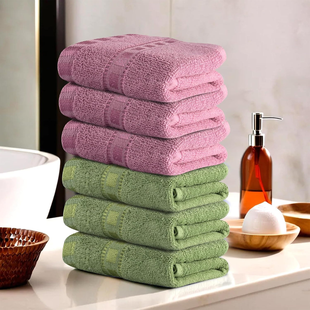 Heart Home Cotton Hand & Face Towels 1200 Gsm | For Men & Women Easily Washable Workout Gym Towel - Green & Pink (Pack Of 6)