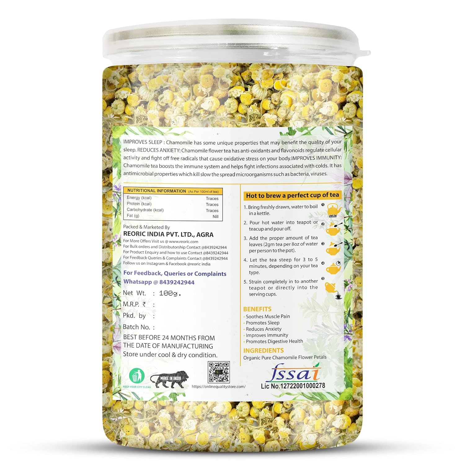 Bralcon Organic Chamomile Flower Tea - 100gm, 3.5 Ounce | Improves Sleep, Reduce Anxiety - Pure Dried Flower Detox Tea | Caffeine Free