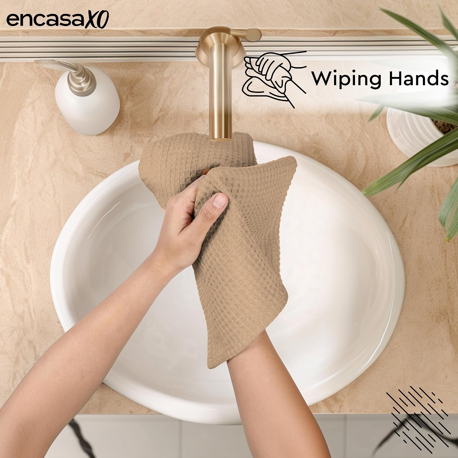 Encasa Xo Kitchen Hand Towels Set 150 Gsm | Waffle Weave & Flat Hand Towel | Quick Drying Reusable Cotton Washcloths | Set Of 6 (Beige)