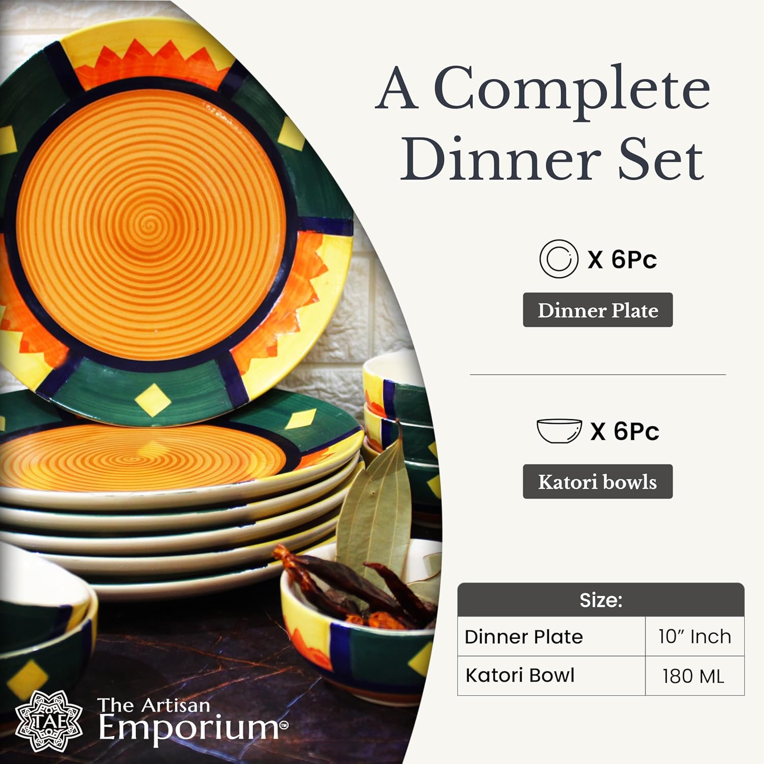 Boho Fiesta Hand Painted Ceramic Dinner Set - 12 Pieces, Multicolor | 6 Dinner Plates + 6 Katori Serving Bowls, 180ml Each Dinnerware Set | Serving For 6, Microwave Safe & Dishwasher Safe