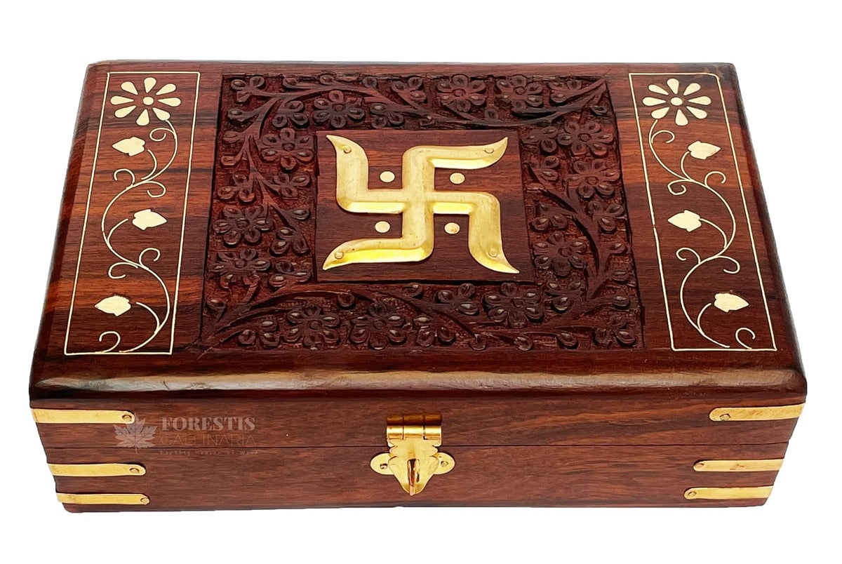 Exquisitely Hand Brass - Filled Wooden Swastik Box For Good Luck| Jewellery Box, Handmade Decorative Case, Vanity Organiser For Women, Girls, Necklaces, Gold 8 X 5 Inches, Tombs