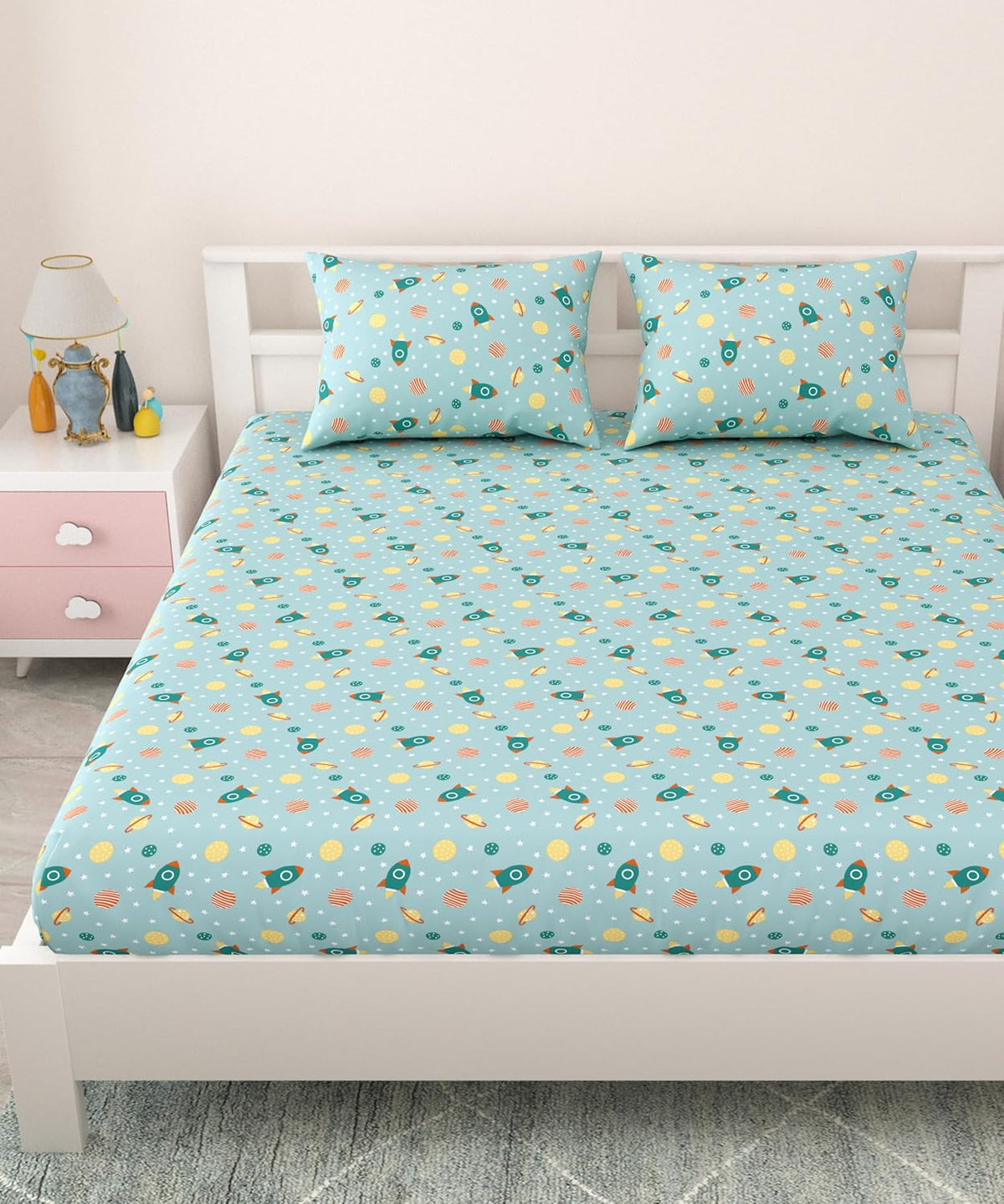 Pure Cotton Kids Bedsheet Double Bed Queen Size With 2 Pillow Covers | 90 X 100 Inches, Aruba Blue | Fun Cartoon Theme, Soft & Breathable Fabric
