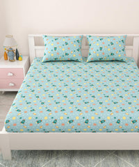 Pure Cotton Kids Bedsheet Double Bed Queen Size With 2 Pillow Covers | 90 X 100 Inches, Aruba Blue | Fun Cartoon Theme, Soft & Breathable Fabric