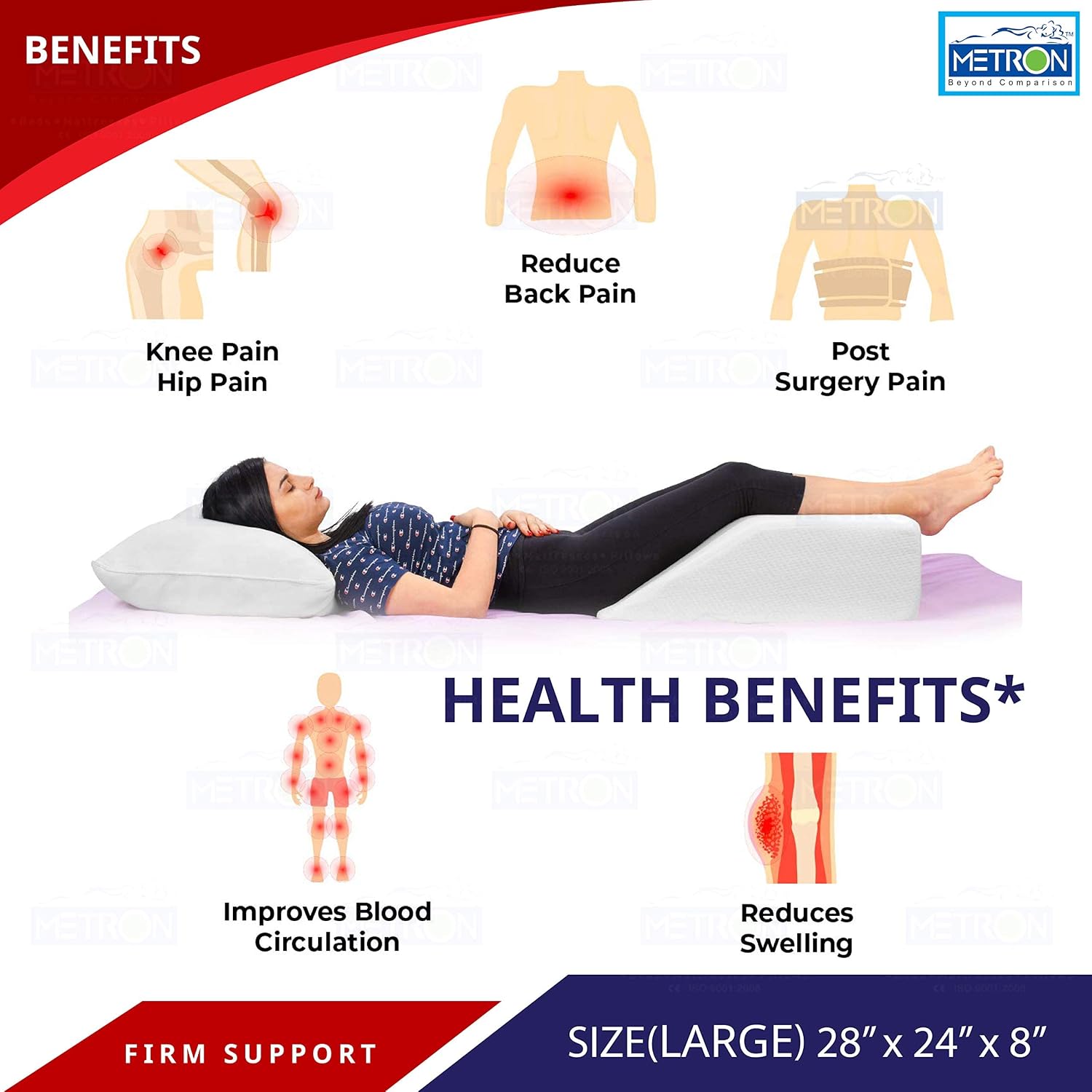 Orthopedic Bed Wedge Elevated Leg Pillow, Firm Supportive, White, Large Size | Foam Wedge For Leg Elevation Reduces Back Pain & Improves Blood Circulation | Zipper Washable Cover - Pack Of 1