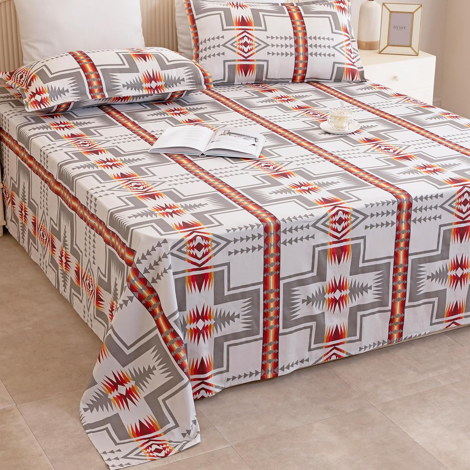 Cotton Flat Bedsheet For Queen Size Bed With Two Pillow Covers - 90 X 100 Inches, Grey & Red | Practical & Durable Choice For Everyday Use Bedsheet