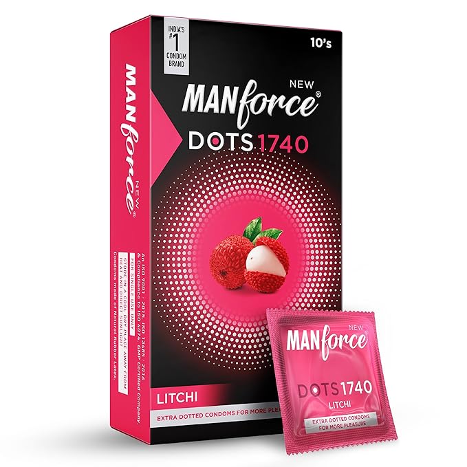 Manforce Litchi Flavoured Extra Dotted Condoms For Men | 10 Pcs| Lubricated Latex For Her Pleasure