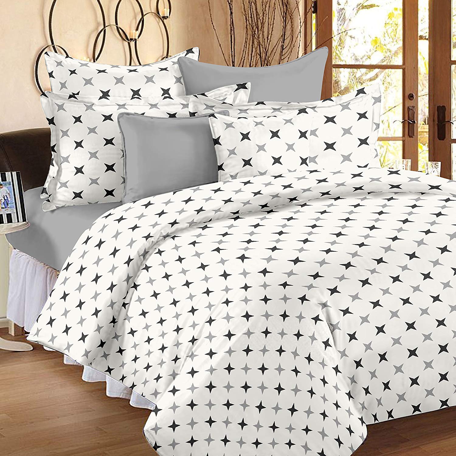 King Size Bedsheet With 2 Pillow Cover + Pillowcase Set (2 Pcs) | 110 X 108 Inches, White & Grey | Breathable & Wrinkle Free Bedsheet