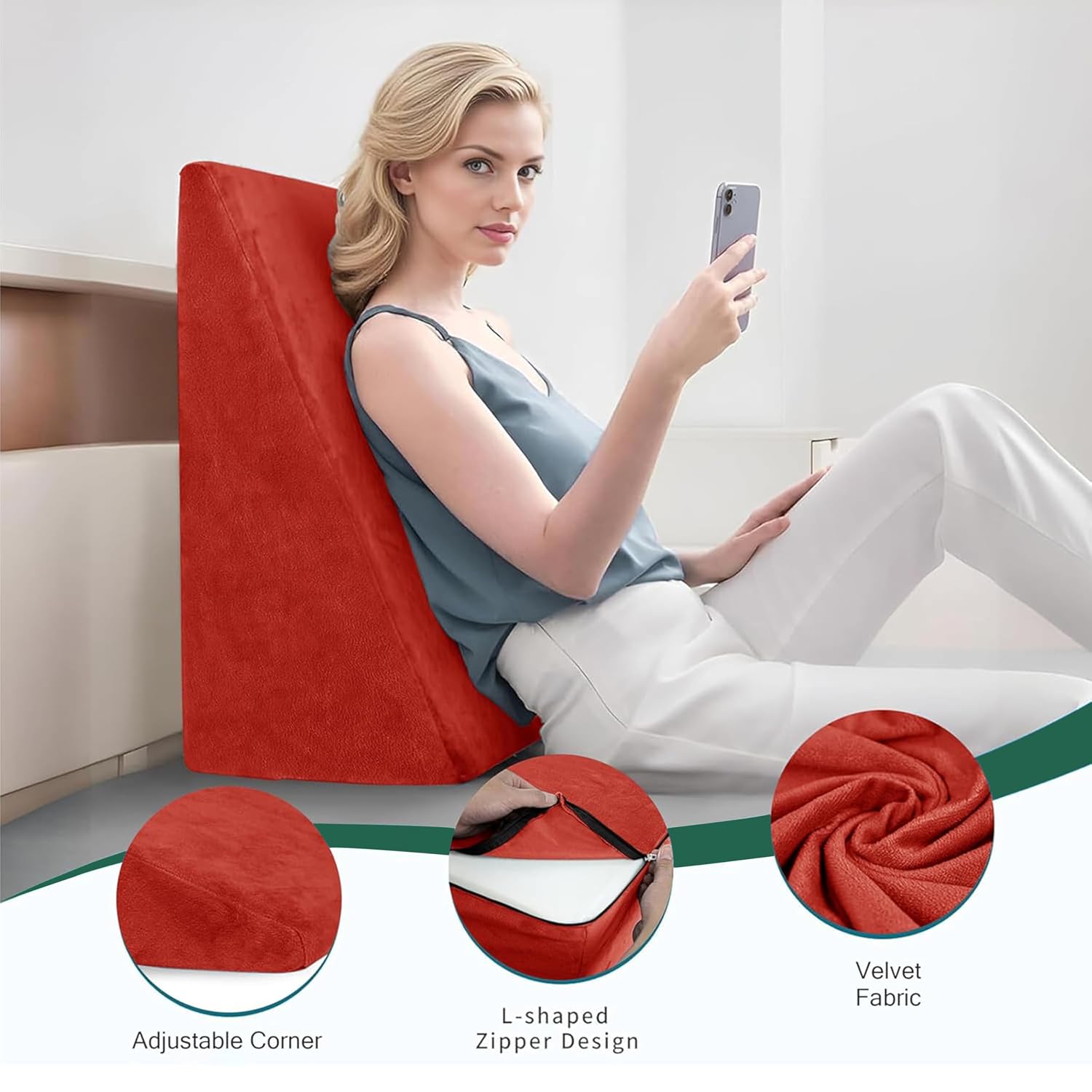 Wedge Pillow, Back Support Pillow For Neck Pain, Medium Firm, Red Color | Pillow For Headaches, Reflux, Shoulders, Back Pain & High Resilience, Velvet Fabric, Adjustable Pillow - Pack Of 1