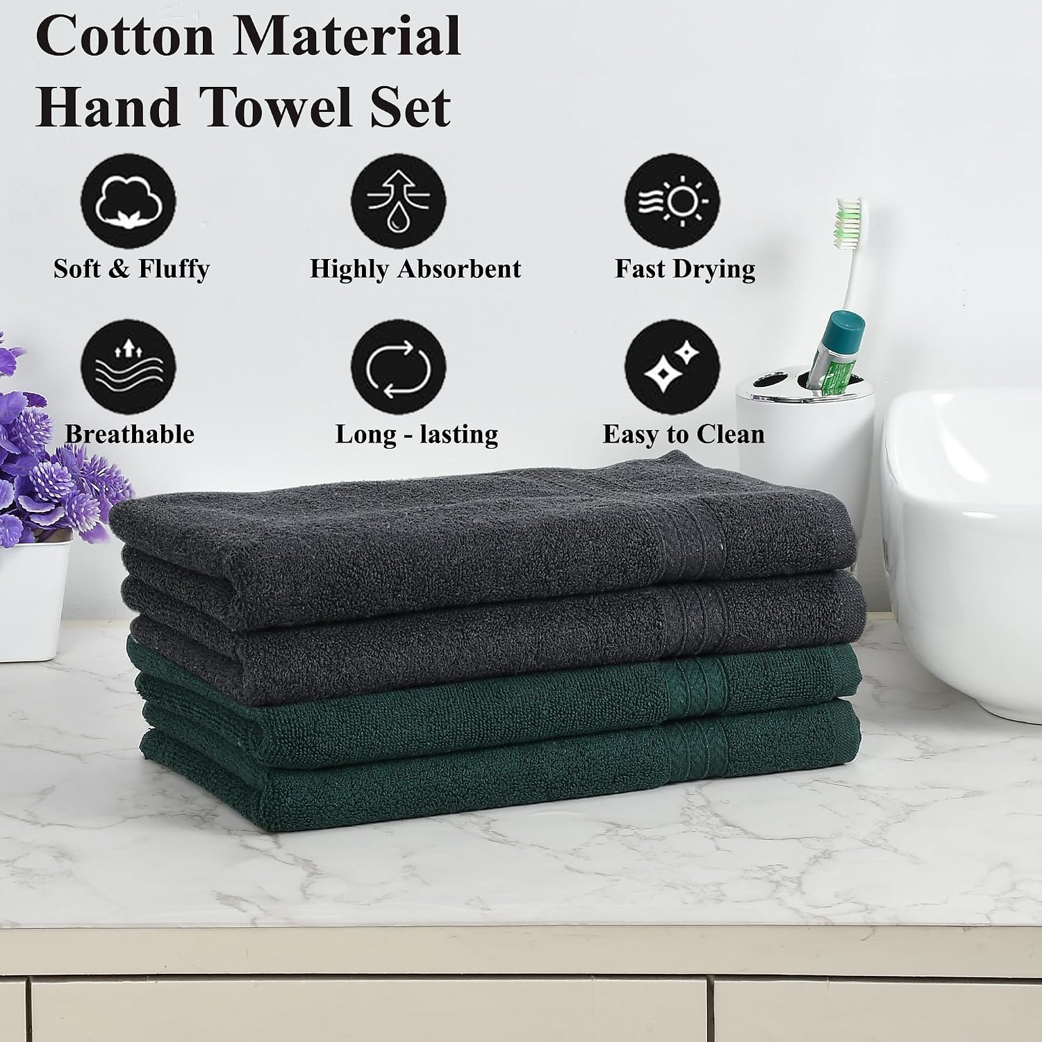 Fresh From Loom Luxury Fur Collection Hand Towel 500 Gsm Napkins Cotton High Absorbency Double Stitched Size (Blackish Grey & Dark Green) - Set Of 4