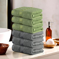 Heart Home Cotton Hand & Face Towels 1200 Gsm | For Men & Women Easily Washable Workout Gym Towel - Grey & Green (Pack Of 6)