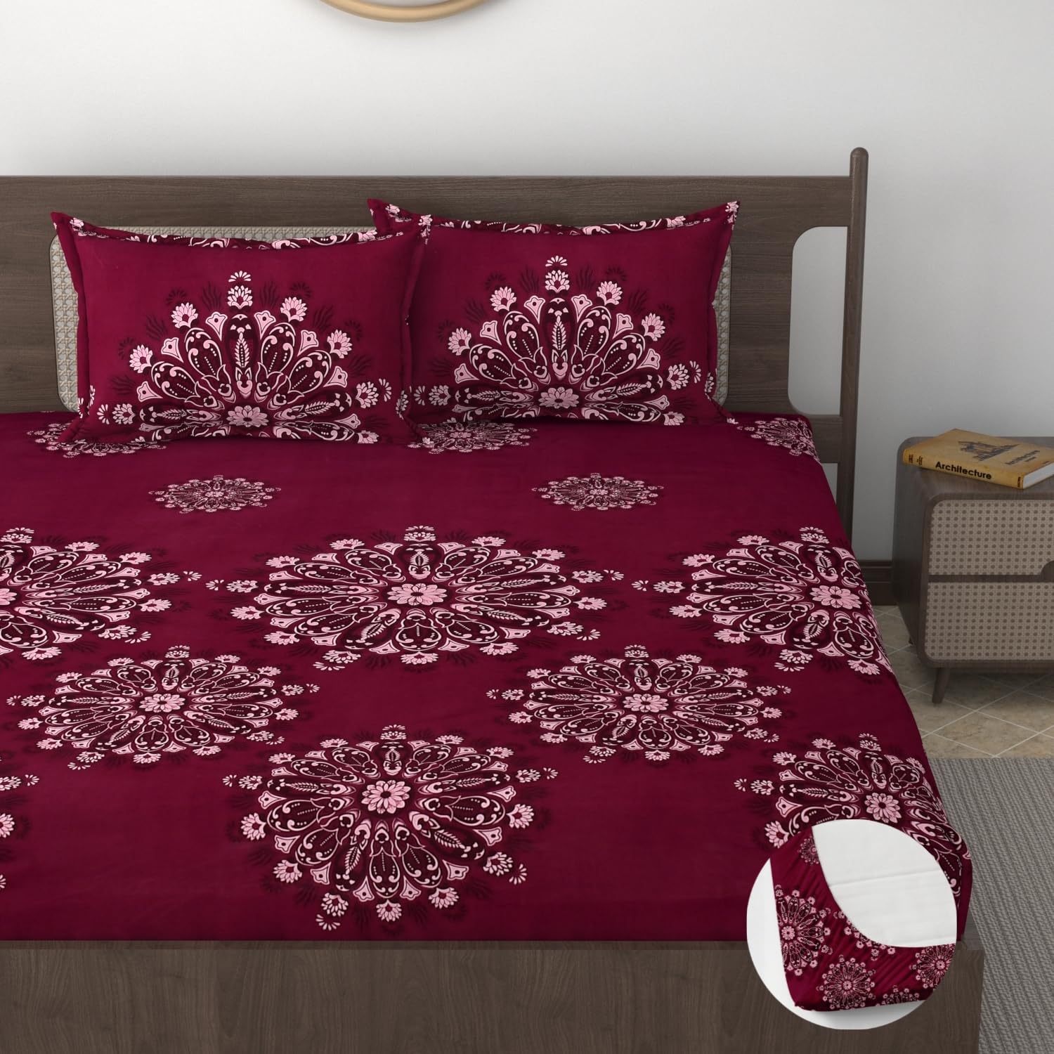 Double Bedsheet For Queen Size With Tow Pillow Cover - 72 X 72 Inches, Maroon | All Around Elastic Fitted Breathable & Durable, Soft Touch & Perfect For All Seasons