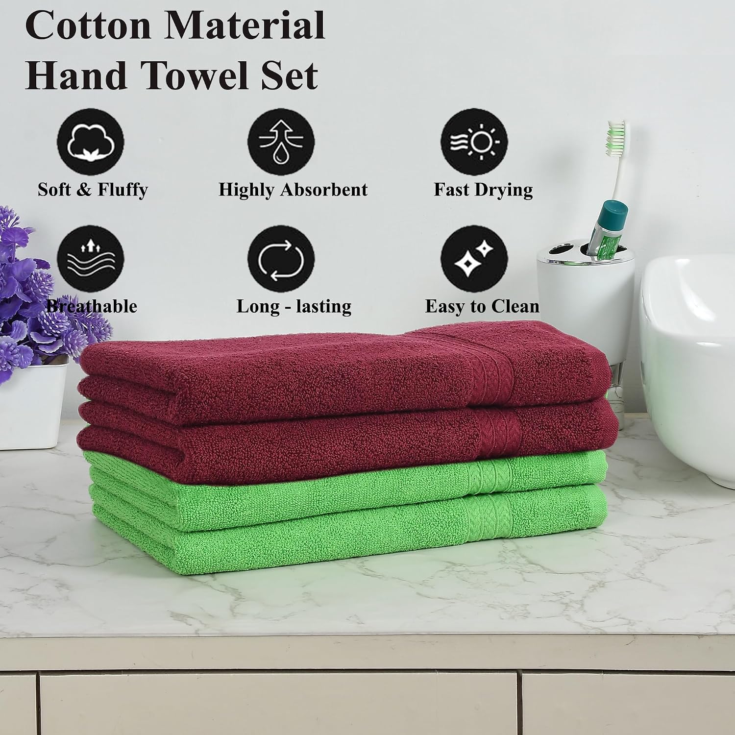 Fresh From Loom Luxury Fur Collection Hand Towel 500 Gsm Napkins Cotton High Absorbency Double Stitched Size (Parrot & Wine) - Set Of 4