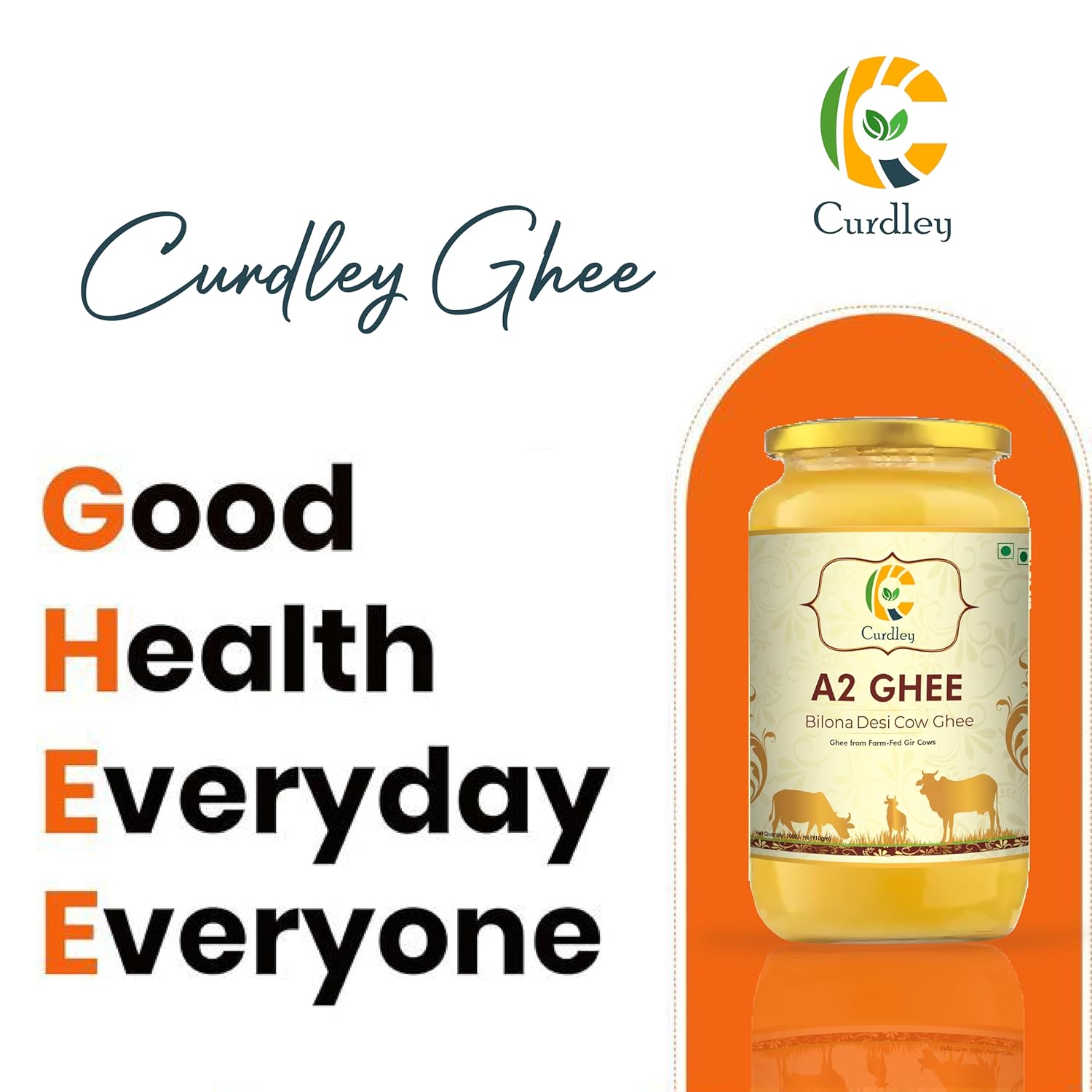 100% Natural A2 Desi Cow Ghee With Wooden Spoon By Curdley | Great Source Of Energy Healthy & Nutrients Cow Ghee Good For Skincare | (1 Litre) 33.8 Ounce | Jar Pack