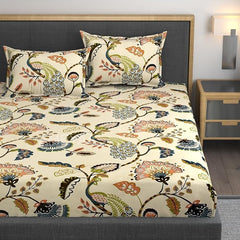 Feel Glace Cotton Bedsheets All Around Elastic Fitted Floral Bedsheets Queen Size - 60 X 78 Inches, Beige | Super Soft Fitted Bedsheet For Double Bed