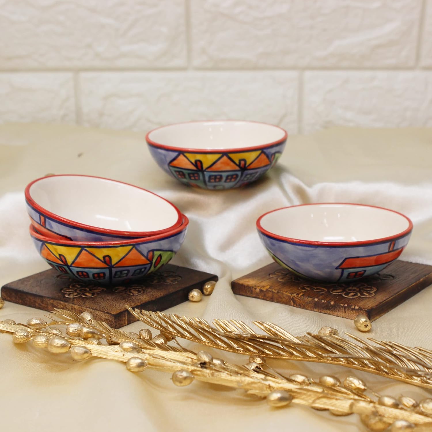 Exotic Panorama Small Ceramic Dip Bowls Set - 4 Pieces, 50ml Each, Multicolor | Hand Painted Mini Chutney Bowls - Pickle Small Katoris For Serving Sauce